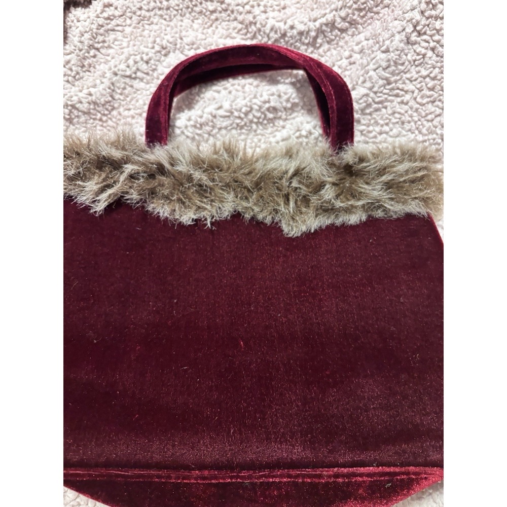 VTG  Burgundy Velvet Brown Faux Fur Trim Handbag Black Lined 12x9 Boho Whimsy